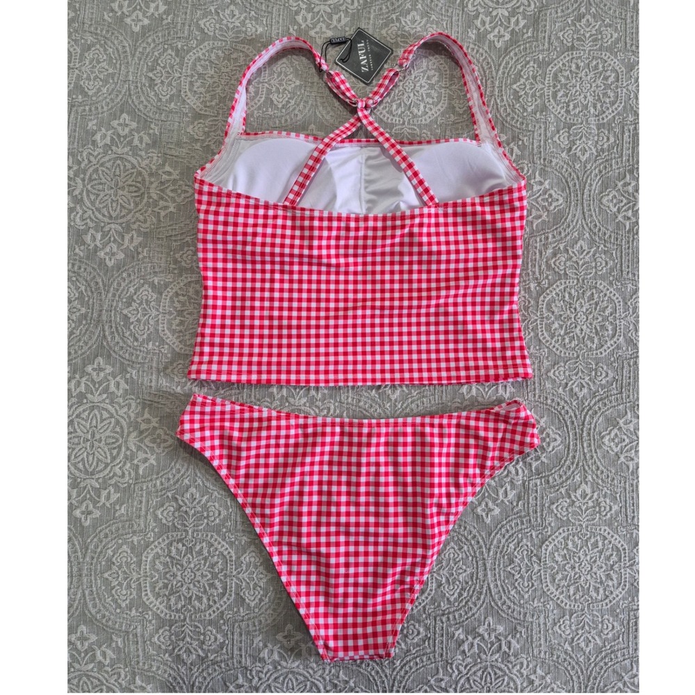 ZAFUL Red White Gingham Tankini Swimsuit Two‎ Piece Set Retro Checkered New 2XL - Picture 6 of 7
